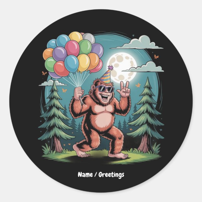 Sticker Rond Amusant Bigfoot fête d'anniversaire Bash Balloons (Devant)