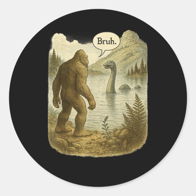 Sticker Rond Amusant Bigfoot Sasquatch Loch Ness Monster Introd (Devant)