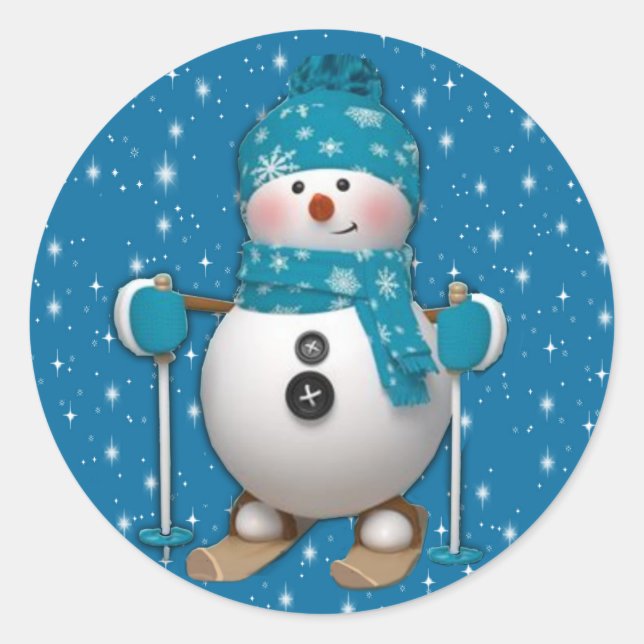 Sticker Rond Amusant Happy Ski Snowman (Devant)
