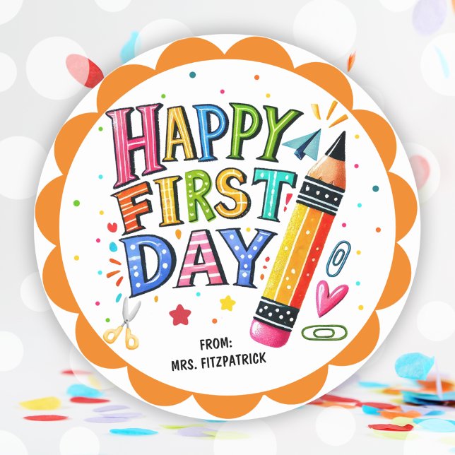 Sticker Rond Amusant Joyeux Premier Jour Du Crayon De L'École (Fun Happy First Day Of School Pencil Classic Round Sticker)