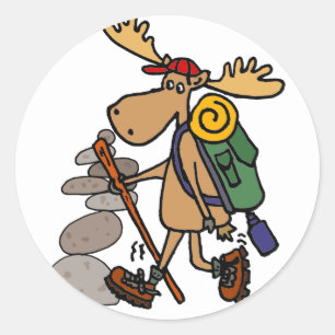 Sticker Rond Amusant Randonnée d'orignal avec dessin animé de C