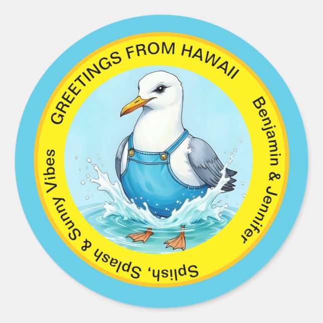 Sticker Rond Amusant Splash fun Mouette été salutations Hawaii (Devant)
