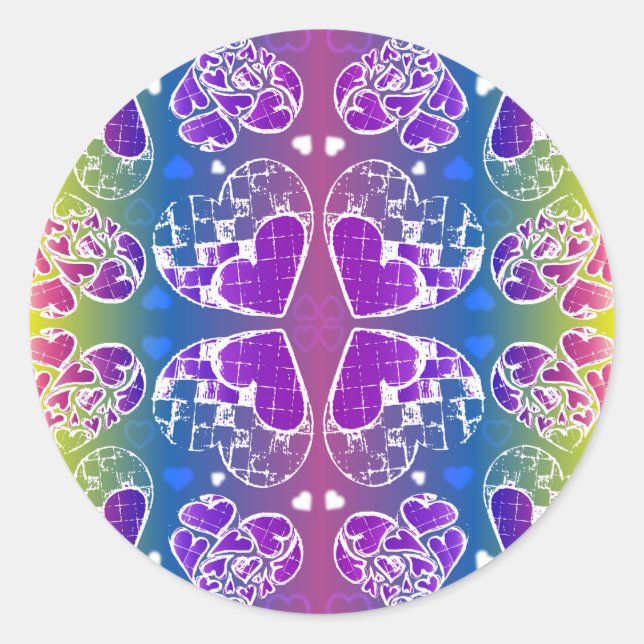 Sticker Rond Amusant Violet, bleu, jaune motif de Coeurs Whimsi (Devant)