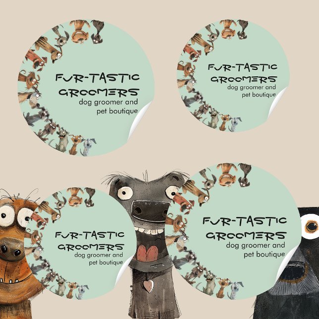 Sticker Rond Amusante aquarelle Chien Groomers Boutique Bleu (Créateur téléchargé)