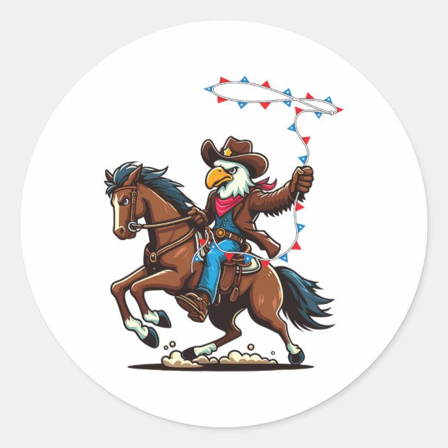 Sticker Rond Amusante Bald Eagle Cowboy équitation Swding (Devant)