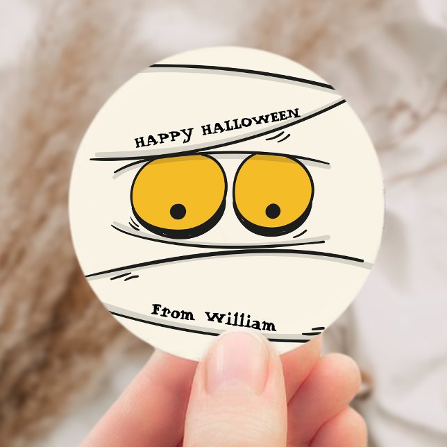 Sticker Rond Amusante et Éffrayante araignée de momie Happy Hal (Funny & Spooky Mummy Spider Happy Halloween Classic Round Sticker)