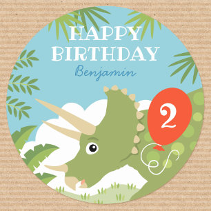 Sticker Rond Amusants Anniversaire Dinosaur Tricératops Nom per
