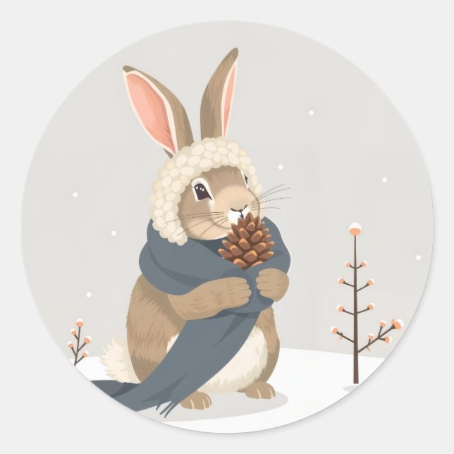 Sticker Rond Amusement de lapin d'hiver Noël (Devant)