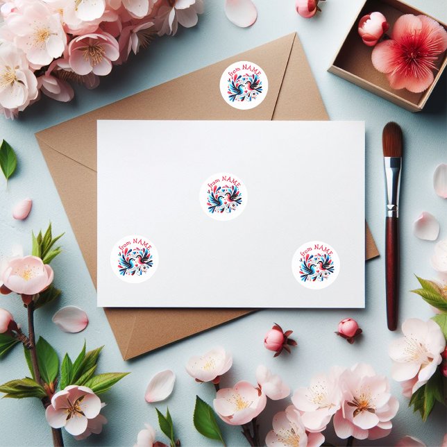 Sticker Rond Amusement des inséparables rouges/bleus (Cute stickers for Valentine's Day fun.)