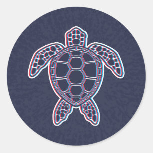 Sticker Rond Anaglyphe Rouge Et Bleu 3D Effet Glitch Tortue de