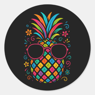 Sticker Rond Ananas arc-en-ciel cool avec lunettes de soleil Ét