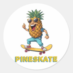 Sticker Rond Ananas avec lunettes de soleil sur skateboard