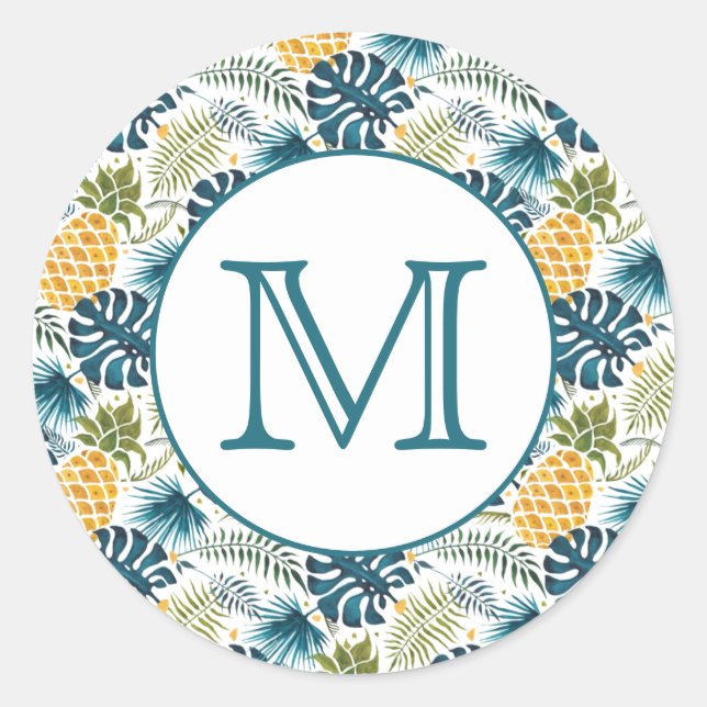 Sticker Rond Ananas bleu paume feuille feuillage blanc monogram (Devant)