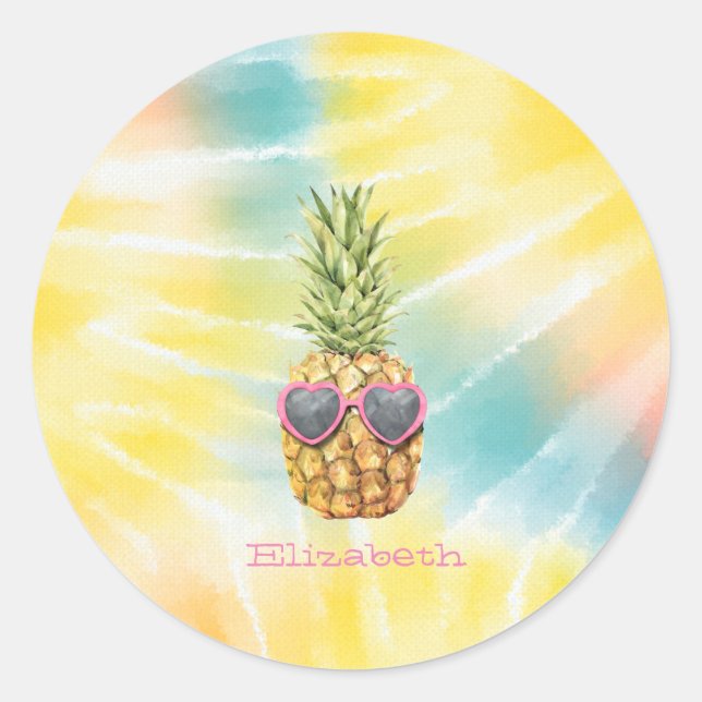 Sticker Rond Ananas Cool, Tie-Dye Arc-en-Ciel Aquarelle  (Devant)