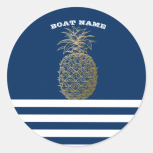 Sticker Rond Ananas d'or Marine marine Bleu rayé
