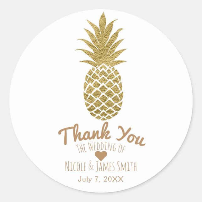 Sticker Rond Ananas Doré Blanc Moderne Chic Tropical Favori (Devant)