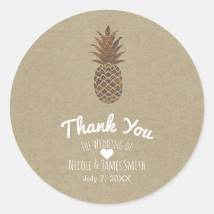 Sticker Rond Ananas en bronze d'or Kraft Naturel Tropical