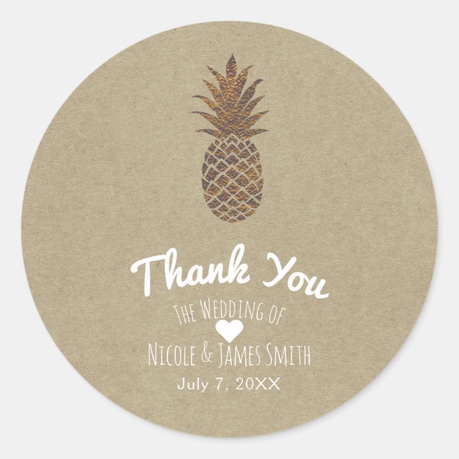 Sticker Rond Ananas en bronze d'or Kraft Naturel Tropical (Devant)