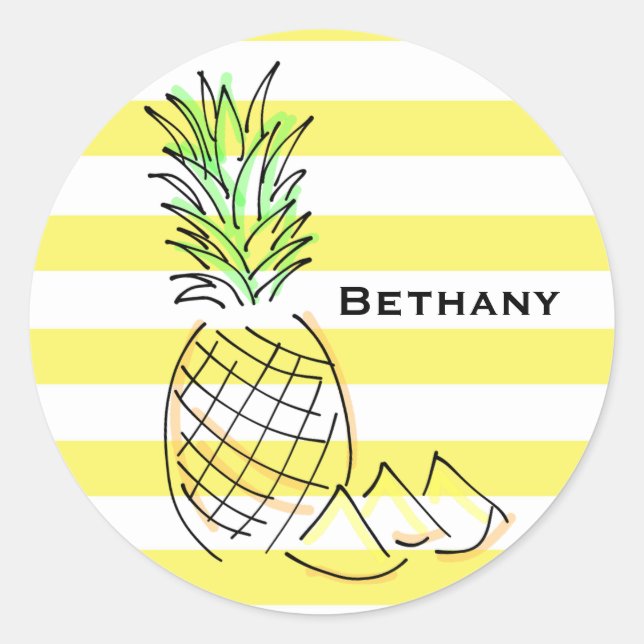 Sticker Rond Ananas Jaune rayures été Personnalisé (Devant)