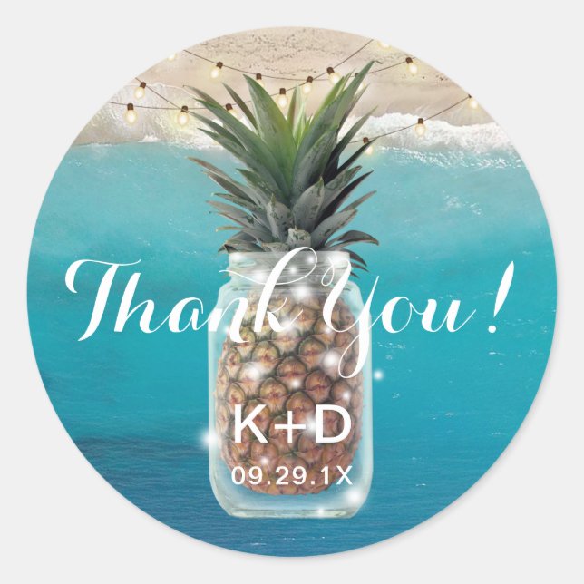 Sticker Rond Ananas Mason Jar Beach Merci de mariage (Devant)