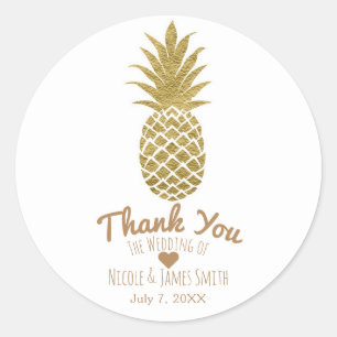 Sticker Rond Ananas Or Blanc Moderne Chic Tropical Faveur