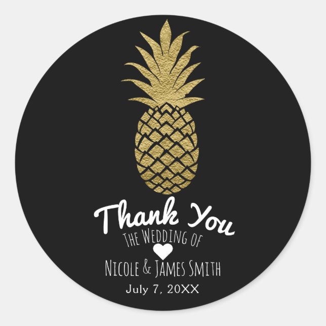 Sticker Rond Ananas Or Noir Moderne Chic Tropical Faveur (Devant)
