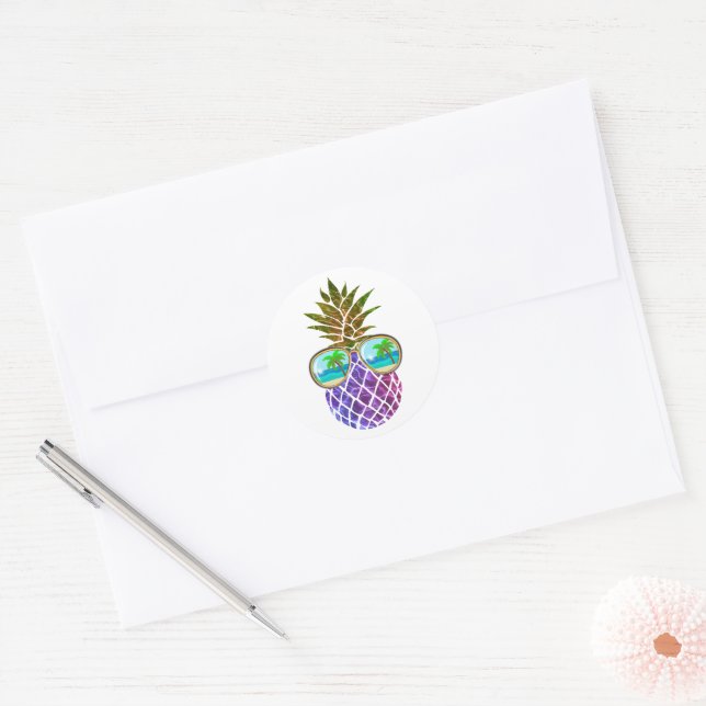Sticker Rond Ananas rose violet tropical (Enveloppe)