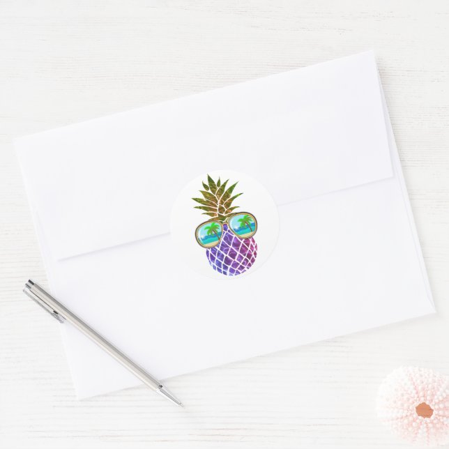 Sticker Rond Ananas rose violet tropical (Enveloppe)
