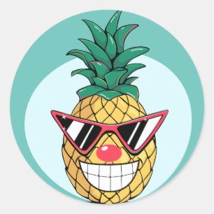 Sticker Rond Ananas souriant portant des lunettes de soleil et 