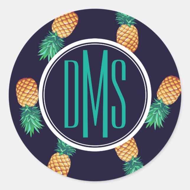 Sticker Rond Ananas Sur Marine | Monogramme (Devant)