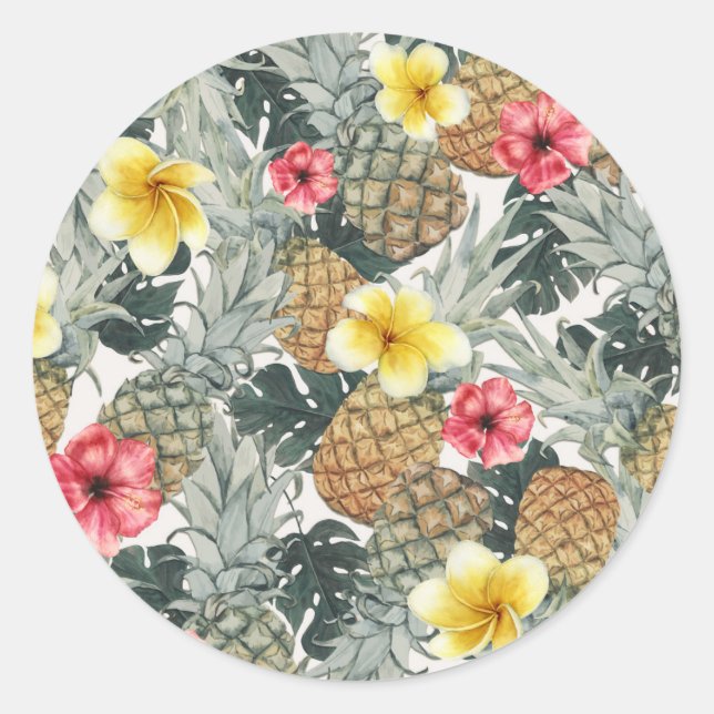Sticker Rond Ananas Tropical Floral Feuille Exotic Party (Devant)