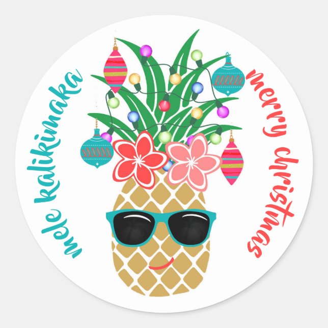 Sticker Rond Ananas tropical hawaïen Mele Kalikimaka (Devant)