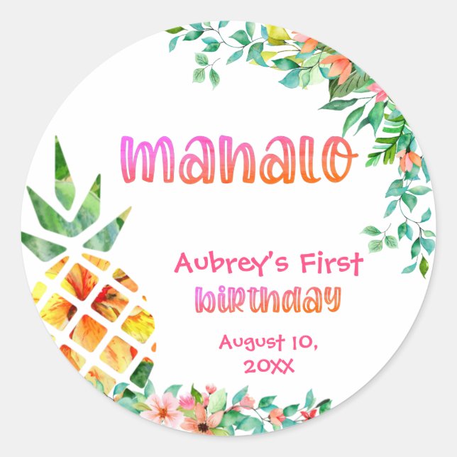Sticker Rond Ananas tropical Mahalo Premier Merci d'anniversair (Devant)