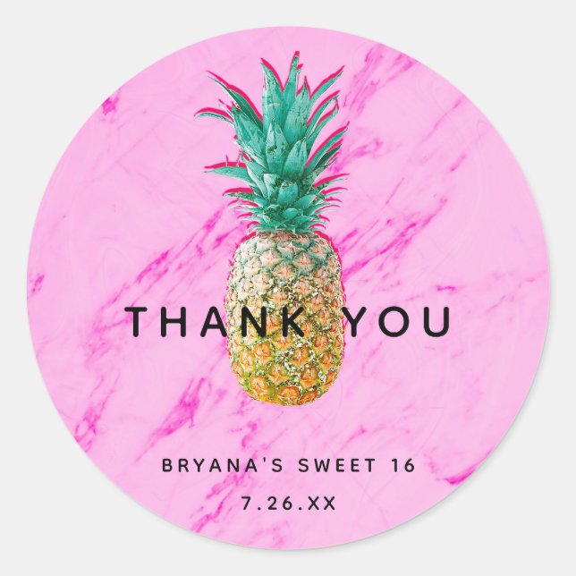 Sticker Rond Ananas Tropical & Marbre Rose Chic Party Favoriser (Devant)