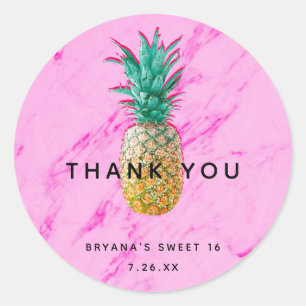 Sticker Rond Ananas Tropical & Marbre Rose Chic Party Favoriser