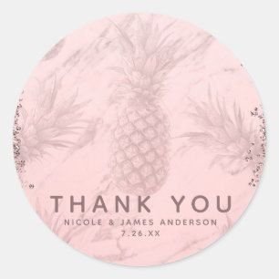 Sticker Rond Ananas Tropical Pailleté Or Rose Pastel Cadeau