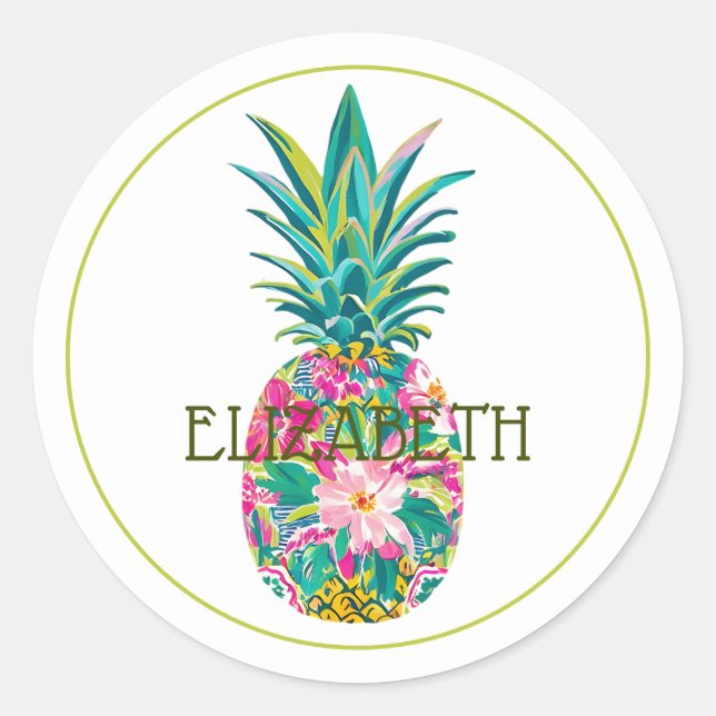 Sticker Rond Ananas tropical rose et vert (Devant)