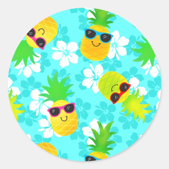 Sticker Rond Ananas tropicaux en été amusant (Devant)