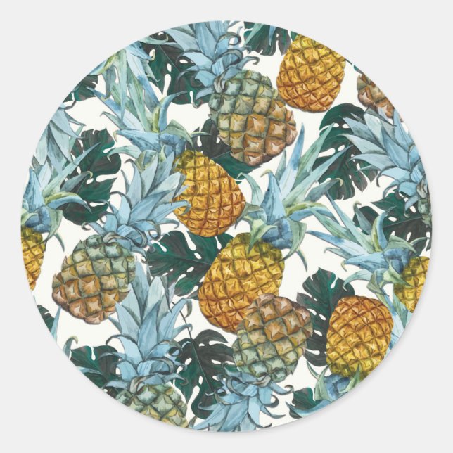 Sticker Rond Ananas tropicaux et feuilles fête d'anniversaire e (Devant)