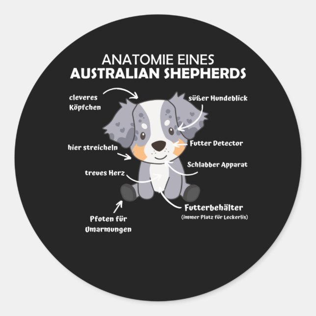 Sticker Rond Anatomie D'Un Berger Australien Chiens Doux (Devant)