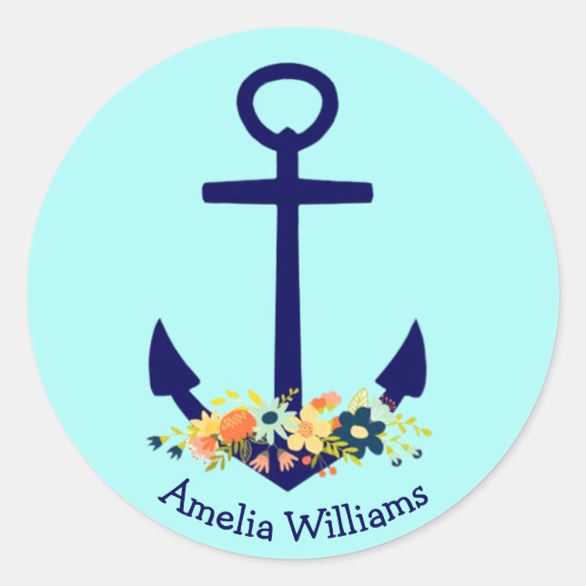 Sticker Rond ancrage bleu avec bouquet floral (Devant)