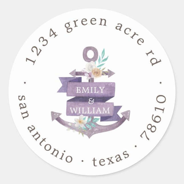 Sticker Rond ancrage floral monogramme violet adresse de retour (Devant)