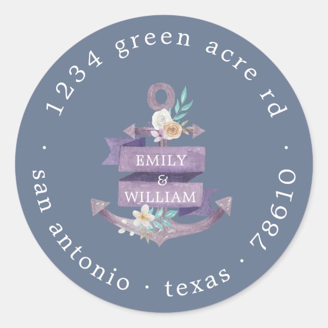 Sticker Rond ancrage floral monogramme violet adresse de retour (Devant)