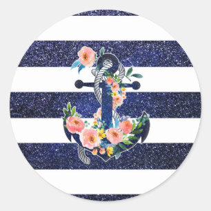 Sticker Rond Ancrage floral sur arrière - plan rayé