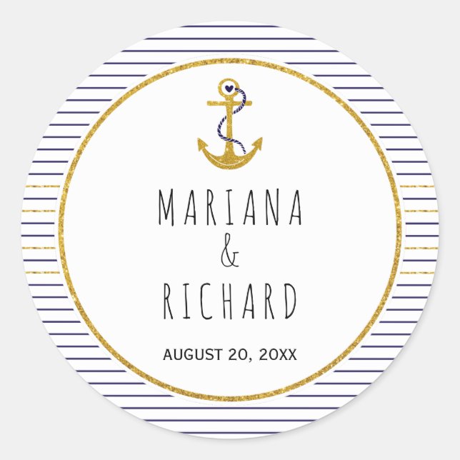 Sticker Rond Ancrage or & bleu marine rayures mariage nautique (Devant)