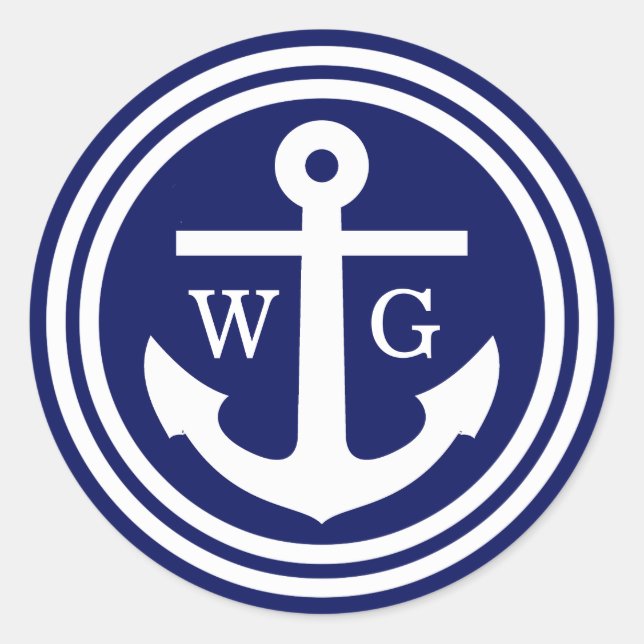 Sticker Rond Ancre bleu marine Monogramme Mariage Phoques Favor (Devant)