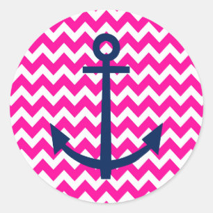 Sticker Rond Ancre Chevron Nautical Pink et Navy