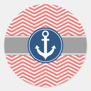 Sticker Rond Ancre corail nautique Chevron