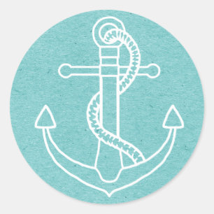 Sticker Rond Ancre de bateau blanche bleue turquoise vintage na