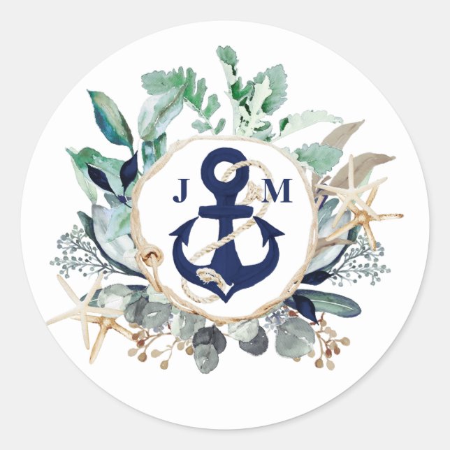 Sticker Rond Ancre de la Marine Monogramme Verdure Mariage de c (Devant)